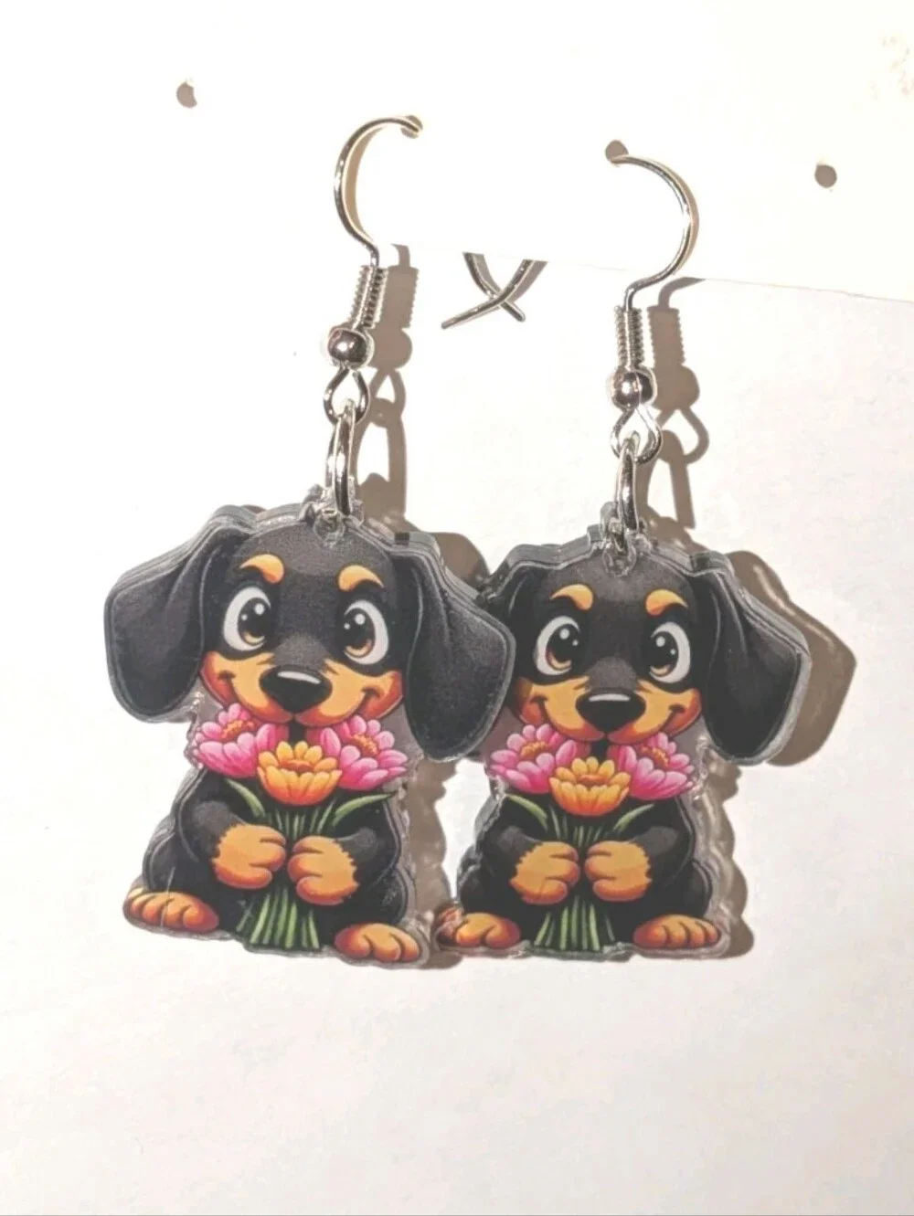 Hand Crafted Women's/Girls Cute Black Dachshund Earrings with Pink Flowers